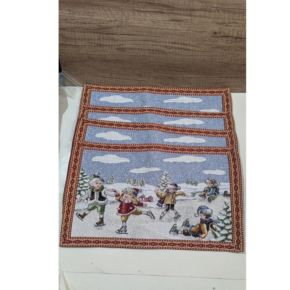 Set of 4 Vintage Winter Ice‎ Skating Woven Tapestry Placemats Red Blue Holiday